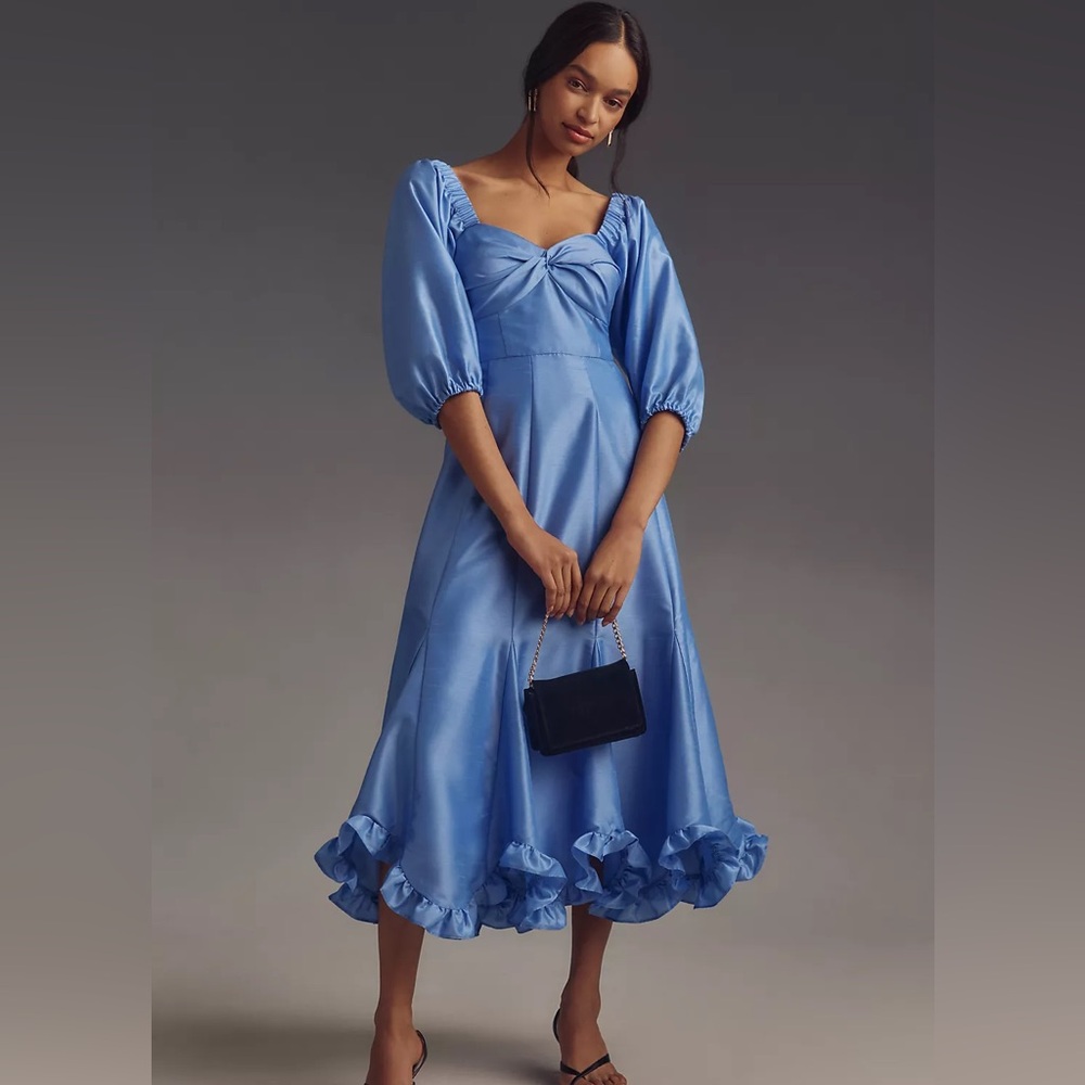 NWT Hutch Printed Twist-Front Puff-Sleeve Ruffle-Hem Dress Anthropologie